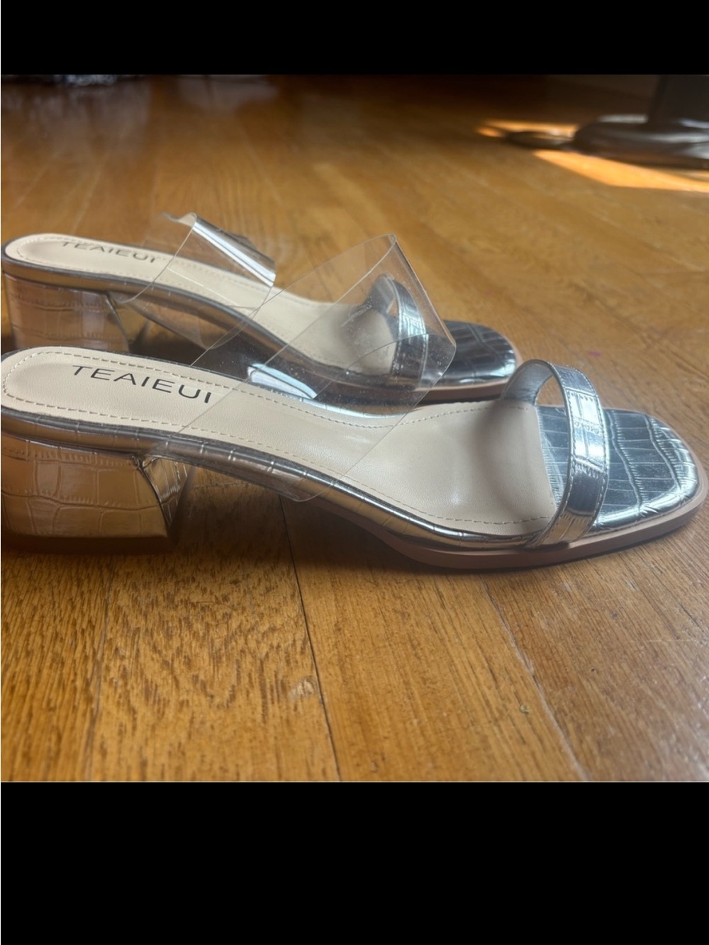 Silver Croc-Textured Clear Strap Block Heel Mules